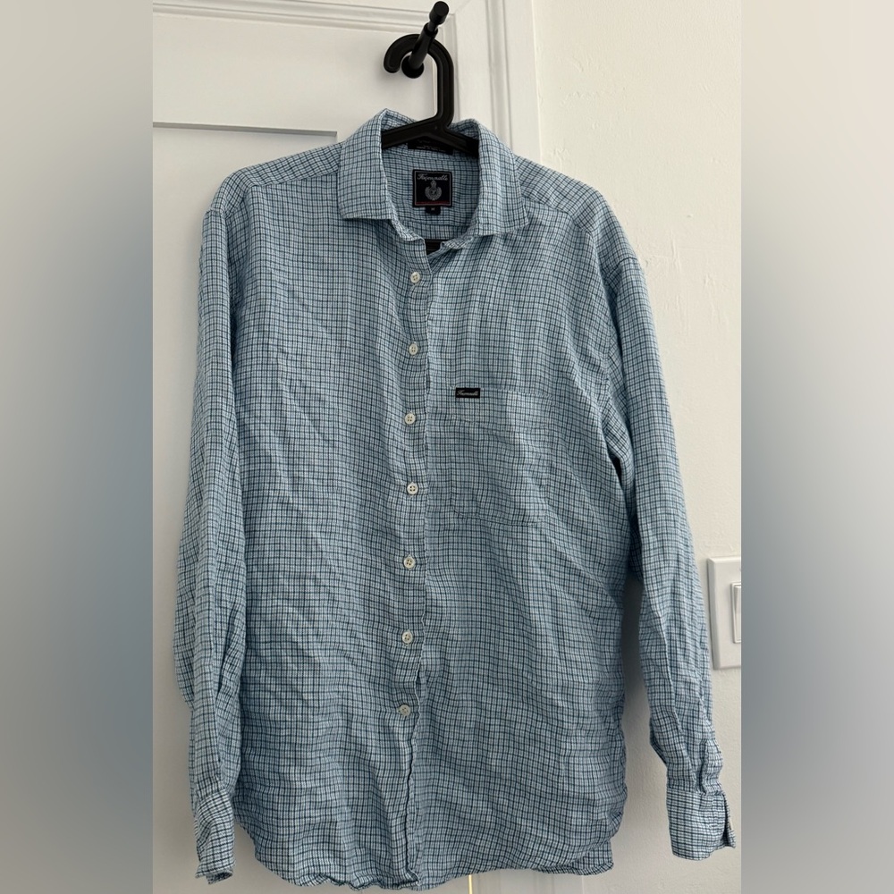 Façonnable blue patterned linen long sleeve men’s button down (size medium)